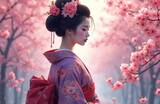 Digital illustration geisha in kimono. Sakura garden background. Woman in traditional japanese attire. Beautiful portrait in cherry blossom park. Pink flowers bloom, spring season in Japan.
