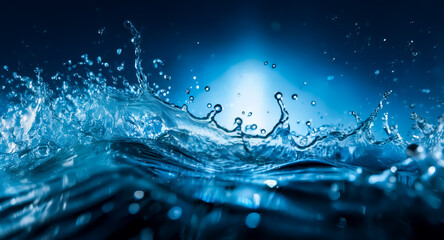 Leinwandbilder - A dynamic shot of water capturing a splash with droplets frozen mid-air, illuminated in shades of blue. The clear liquid creates a sense of motion and freshness.