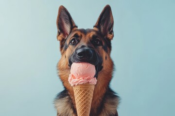 Poster - German shepherd happily holding a pink ice cream cone against a light blue background indoors