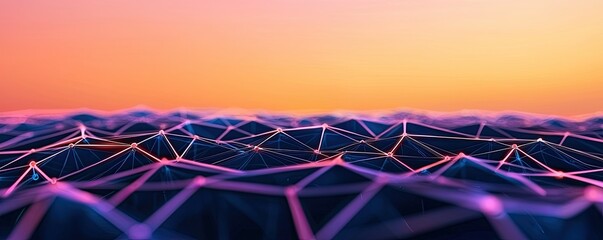 Poster - A vibrant digital landscape with abstract geometric patterns and a gradient sunset, creating a futuristic and visually dynamic scene.