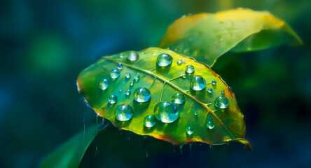 Poster - Fresh green leaves glisten with water droplets, illuminated by gentle sunlight. A blurred backdrop of natural greens and blues creates a peaceful, refreshing scene.