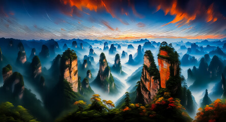 Poster - Majestic rock pillars rise from a misty valley beneath a colorful sky painted with hues of orange and blue. A serene and otherworldly landscape unfolds.