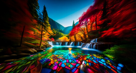Poster - Colorful nature landscape. Waterfall flows into a vibrant river. Trees burst with autumn colors. Lush foliage and bright scenery.