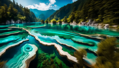 Poster - Turquoise terraced lake nestled in mountains and lush green forest. Stunning natural formations with clear water and beautiful scenery.