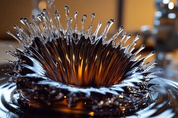 Poster - Splashing liquid creates stunning crown shape in dark reflective surface during dynamic moment