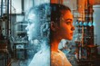 © grey - A conceptual split-screen image; one half shows a female human in a workshop, and the other half shows a holographic virtual female in a modern digital lab with AI interfaces and data streams.