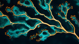Aerial view of natural formation of river delta in blue, green, and yellow hues.