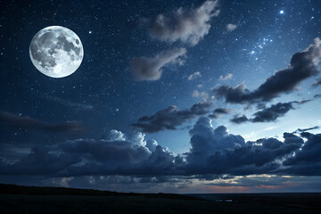 serene night sky illuminated with full moon and dark clouds background