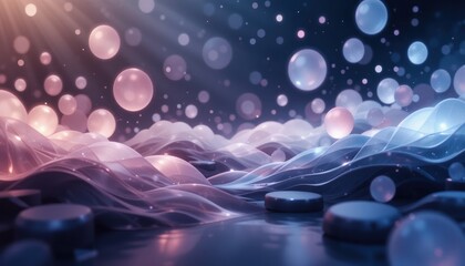 Poster - Dynamic water droplets and bubbles in a mystical environment abstract digital art vibrant colors close-up view creative concept for visual harmony