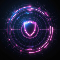 Poster - Futuristic digital security interface. Shield symbol represents cybersecurity data protection. Glowing circular design, access cyberspace encryption. Protection, defense, guard, secure system.