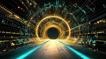 Poster - Digital future concept with transparent holographic interfaces and a glowing data network