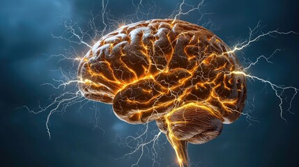 Poster - Energy-charged human brain concept, glowing with pulses of bright electricity on a futuristic backdrop