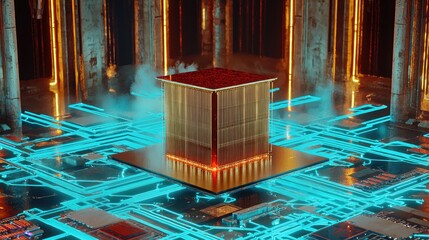 Poster - Glowing AI processor embedded in a high-tech circuit board, blue neon lines connecting to futuristic chips