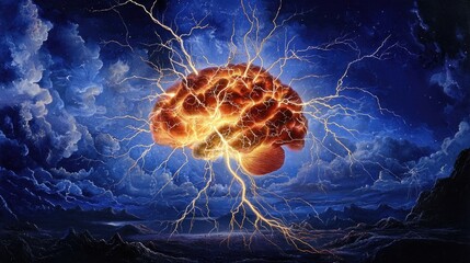 Poster - Glowing neural pathways forming a brain shape, electric flashes against a deep blue background