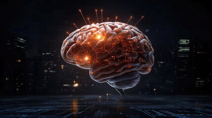 Poster - High-tech AI brain illustration with blue energy circuits and light pulses, digital art