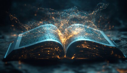 Poster - Digital representation of artificial intelligence emerging from a book, glowing neural networks, technology innovation, AI learning process, futuristic design, ultraHD