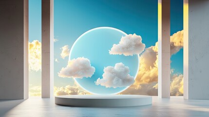 Poster - Minimalist 3D scene with fluffy white clouds flying in front of a glowing blue circular shape