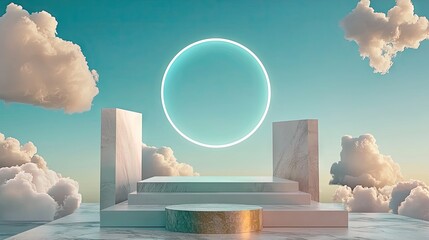 Poster - Minimal 3D abstract scene with white floating clouds and a perfectly round blue halo