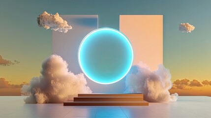 Poster - Minimalist 3D scene with fluffy white clouds flying in front of a glowing blue circular shape