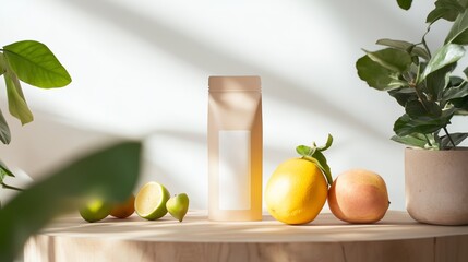 Poster - Fresh citrus fruits and a light, minimalistic container in a modern setting during daylight hours