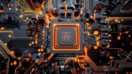 Poster - Neon-lit AI processor embedded in a complex motherboard with cybernetic patterns