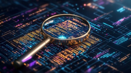 Fototapete - Magnifying glass on glowing circuit board revealing colorful digital code representing detailed examination of technology and information analysis concept