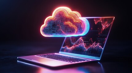 Poster - Glowing Neon Cloud Computing Symbol Above Laptop Showing Dynamic Data Visualizations for Cloud-Based Data Storage and Processing Concept Illustration