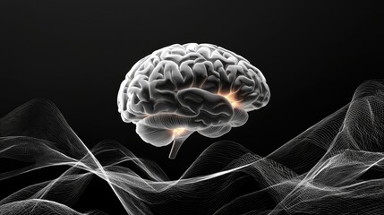 Poster - Sci-fi neural network representation, electric waves outlining a human brain on a monochrome setting