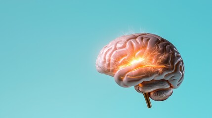 Poster - Sci-fi styled human brain illustration with bright neural sparks, minimalist solid color backdrop