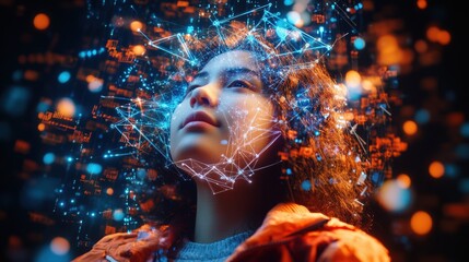 Poster - A Young Woman's Face Illuminated by Dynamic Digital Network of Interconnected Nodes and Data Streams Representing Digital Consciousness Merging Humanity