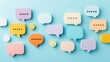 © Sarut - An assortment of vibrant abstract speech bubbles in various shapes and colors against a minimalist pastel toned background creating a visual representation of communication dialogue and expression