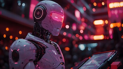 Poster - Glowing humanoid robot giving a speech on a stage