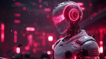 Poster - Futuristic robot delivering a speech on stage