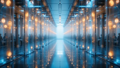 Poster - Illuminated corridor exploration modern office space digital art futuristic environment wide-angle view innovative design concepts