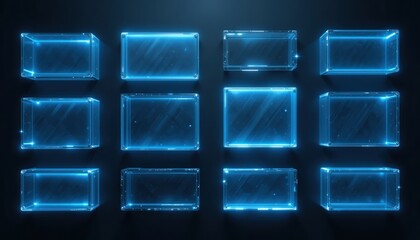 Poster - Dynamic blue neon light boxes creating a futuristic display in a modern studio environment
