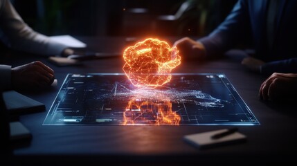 Poster - A group of professionals in suits observing a luminous orb-like holographic projection filled with fiery particles over a sleek transparent table display