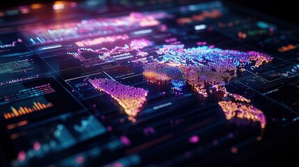 Poster - Stylized Digital World Map with Glowing Particles Overlaying Complex Data Visualizations and Graphs for Innovative Tech and Global Insights Perspective