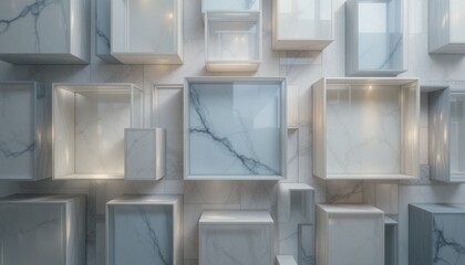 Poster - Modern architectural design display abstract white and gray marble cubes digital art minimalistic style aerial view clean aesthetic for interior spaces