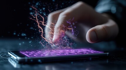 Poster - A close-up view of a hand interacting with a smartphone displaying glowing purple energy and digital elements erupting from the holographic screen interface