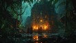 © Terablete - Mysterious ancient temple with glowing eyes in dense jungle at twilight