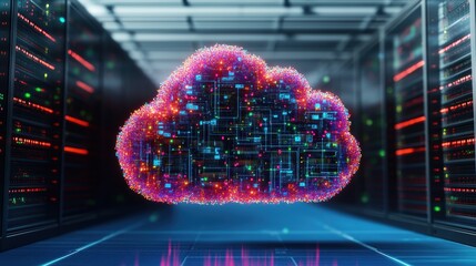 Poster - A Vibrant Circuit-Board-Textured Cloud in a High-Tech Server Room Surrounded by Dark Server Racks and Reflections on a Glossy Floor Surface