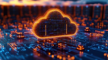 Poster - A Bright Stylized Glowing Orange Cloud Computing Symbol Displayed on a Complex Illuminated Circuit Board with Sunset Background Sky Colors Presenting Drama