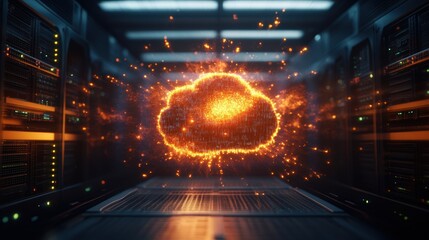 Poster - Fiery, Data-Filled Cloud Icon Illuminates Dark Server Room Center with Intense Energy Surrounded by Rows of Humming Server Racks and Equipment