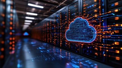 Poster - A glowing blue cloud computing symbol superimposed on a high-tech server room with dark racks illuminated by vibrant orange and blue lights reflecting sleekly