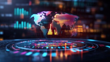 Poster - A futuristic digital globe hove over a technological interface showcasing colorful data visualizations and charts of global interconnectedness and flow