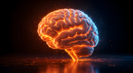 Poster - Glowing Digital Brain Concept with Neural Network Connections in Dark Background