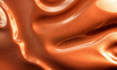 Poster - close up view of smooth, reflective copper liquid surface, showcasing its rich color and texture. shimmering waves create elegant and captivating visual experience