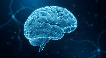 Poster - Digital Brain Illustration on Dark Blue Background With Nodes and Connections