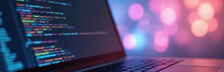 Poster - Laptop screen displays programming source code. Coding process, software development. Abstract background with bokeh lights. Modern workspace with keyboard. Data science, cybersecurity applications.
