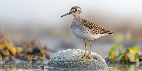 Poster - Bird standing on a rock in shallow water with natural background at dawn showcasing its unique features